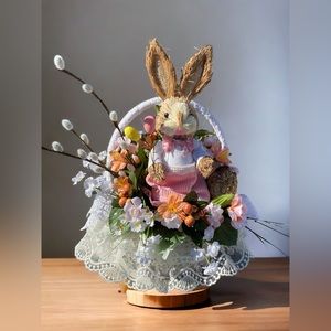 Handmade Easter decor in basket. Easter gift. Easter basket. Easter decoration.